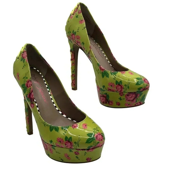 Betsey Johnson NEW Women 5M Floral Green High Heel Platform Pumps Lace Up Ribbon - Picture 2 of 15